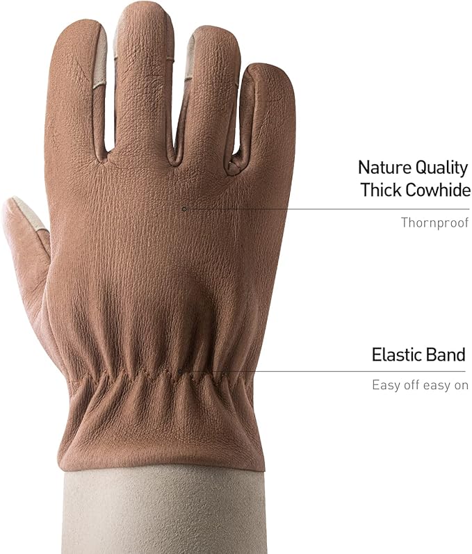 HANDLANDY Long Gardening Gloves for Men & Women, Thorn Proof Rose Pruning Gloves Leather Gauntlets Garden Glove Yard Work Glove (Medium, Brown)