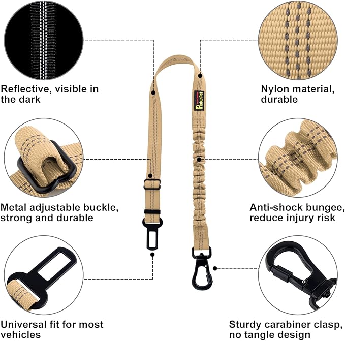 Plutus Pet Dog Seat Belt for Car, Adjustable Dog Car Harness with Carabiner Clip, Reflective Safety Dog Seatbelt Leash with Elastic Bungee, Beige