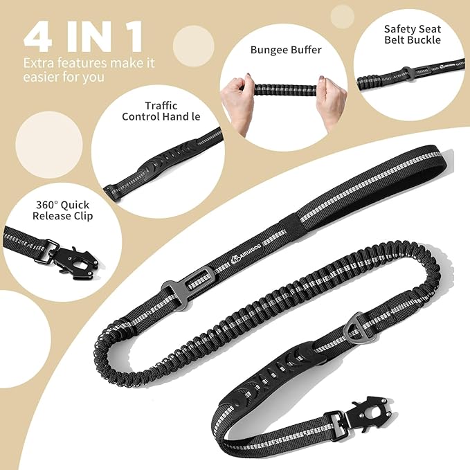 4-6FT Heavy Duty Dog Leashes for Large Dogs, Shock Absorbing Bungee Tactical Leash with 2 Padded Handle, Car Seatbelt and Metal Carabiner Clip, Strong No Pull Dog Leash for Medium
