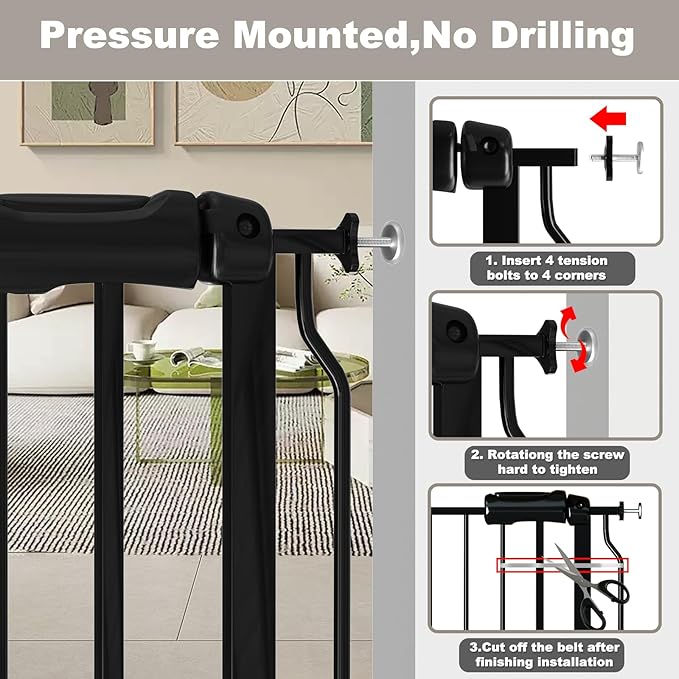 Fairy Baby Walk Through Baby Gate 34-38.5 Inch Wide, Pressure Mounted Safety Gate with Door No Drill, Tension Metal Gate for Dog and Toddler, Black
