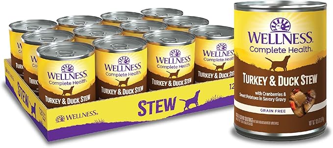 Wellness Complete Health Thick & Chunky Natural Grain Free Canned Wet Dog Food, Turkey & Duck Stew, 12.5-Ounce Can (Pack of 12)