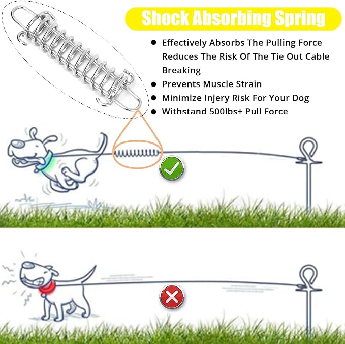 Jenico Dog Tie Out Cable, 10-150FT Runner Cable with Swivel Hook and Shock Spring, Yard & Camping Dog Leash Tether for Small to Medium Pets Up to 500 LBS