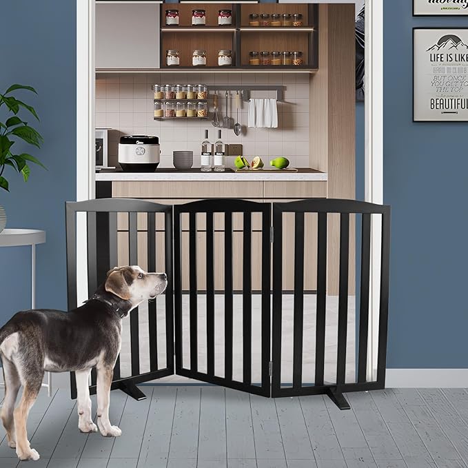 ZJSF Foldable Freestanding Indoor Dog Gate for House Wood Long Pet Gates Dog Fence for Stairs Puppy Gates for Hallways, Puppy Gate,Support Feet Included, Black, 32 "Height-3 Panels