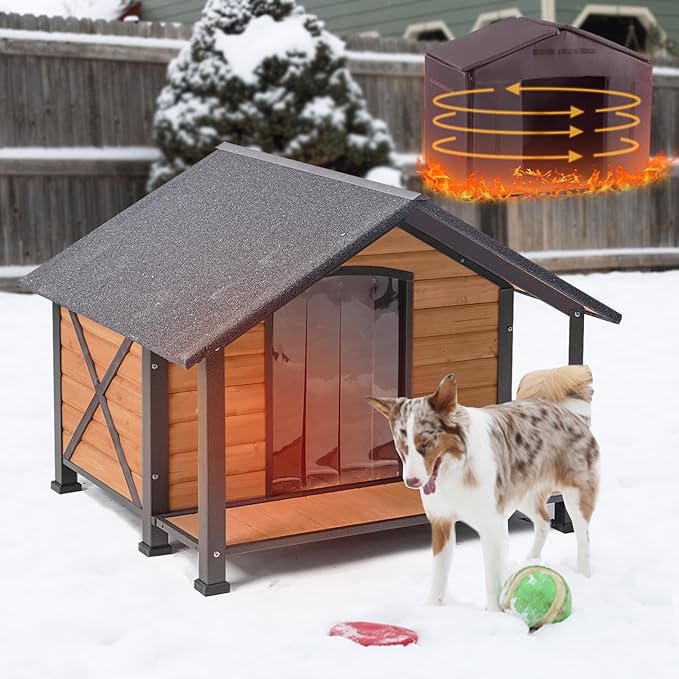 Outdoor Dog House with Insulated Liner,Weatherproof Wooden Dog Shelter for Medium and Large Sized Dogs,Iron Frame Indoor Outdoor Kennel,Pets Warm House in Winter with Large Porch