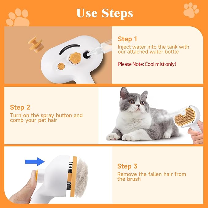 Pet Steam Brush for Dog & Cat – 3-in-1 Spray Hair Removal Comb – Steam for Shedding & Grooming – Water Brush for Long & Short Haired Pets – Spritz Defur Comb – Includes Waterless Shampoo