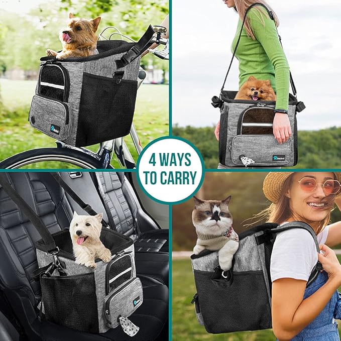 PetAmi Dog Bike Basket, Soft-Sided Ventilated Dog Bike Carrier Backpack, Pet Bicycle Basket for Bike Handlebar, Small Medium Puppy Cat Kitten Car Booster Seat with Safety Strap, Max 18 lbs, Gray