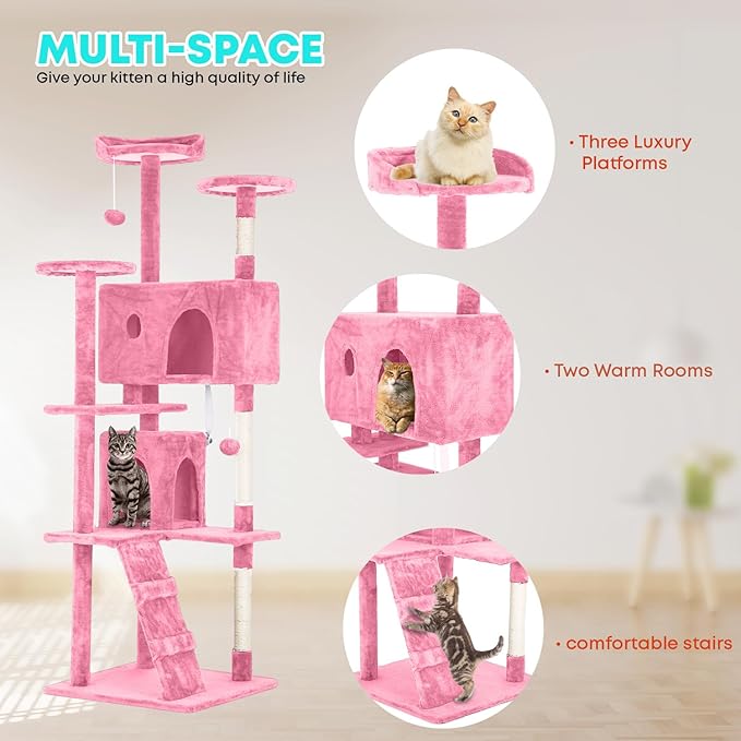 FDW Cat Tree 70in Cat Tower Multi-Level Durable Cat Scratching Post & Cozy Fun Cat Jumping Platform Space Saving Cat Condo Pet Play House for Indoor Cats,Pink
