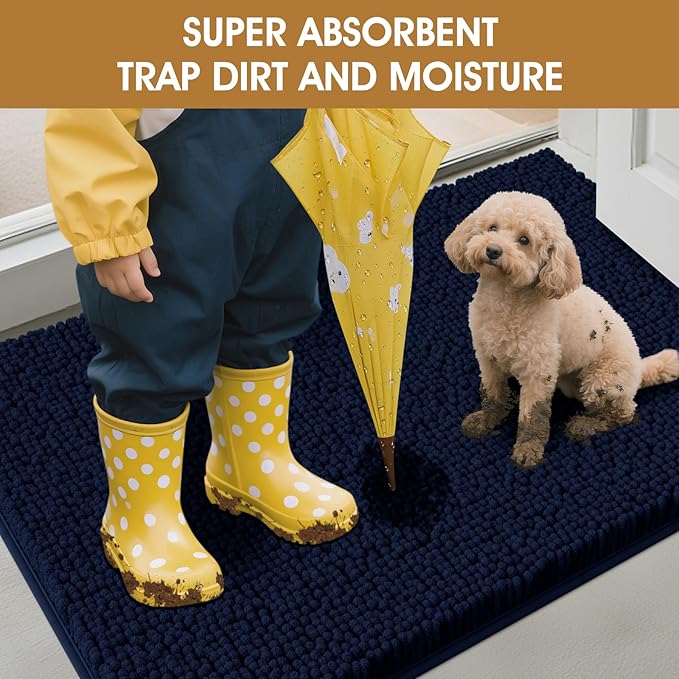 IM HOME Extra Large 60" x 36" Navy Blue Dog Door Mats for Muddy Paws, Chenille Absorbent Dog Mat, Non Slip Heavy Mud Mat for Dogs, Soft Pet Bed Mat for Entryway, Mud Paws, Inside Floor