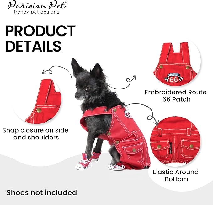 Parisian Pet Denim Overall - Embroidered “ Route 66 “ Red Dog Jumpsuit - Breathable Dog Costume - Machine Washable Dog Outfit - Dog Overalls for Small Dogs - S