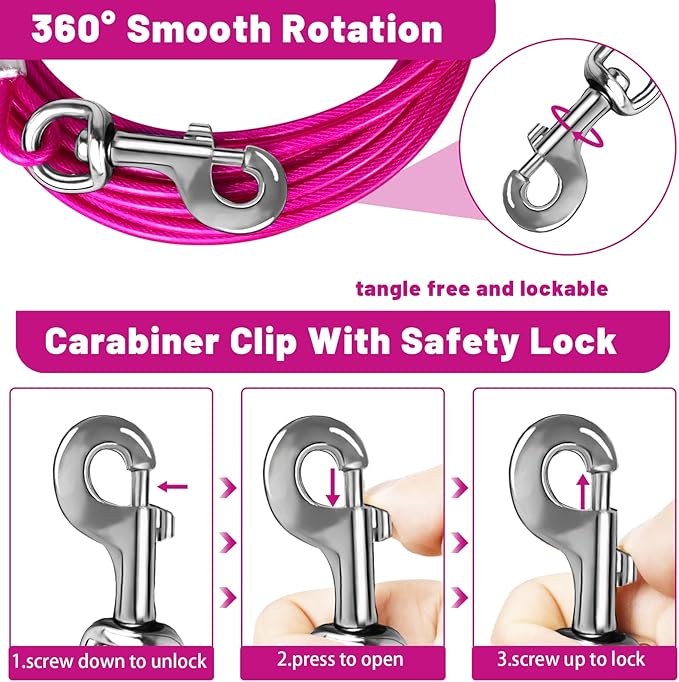 Dog Tie Out Cable 10/15/20/25/30 FT Runner for Yard Steel Wire Cable with Durable Superior Clips Pink Chains for Outside Dog Lead for Large Up to 165 Lbs