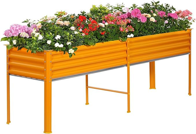 Land Guard Galvanized Raised Garden Bed with Legs, 96×24×32in Raised Garden Beds Outdoor with Drainage Holes, Planter Boxes Outdoor for Backyard, Patio, Balcony, 800lb Capacity, Cream Yellow
