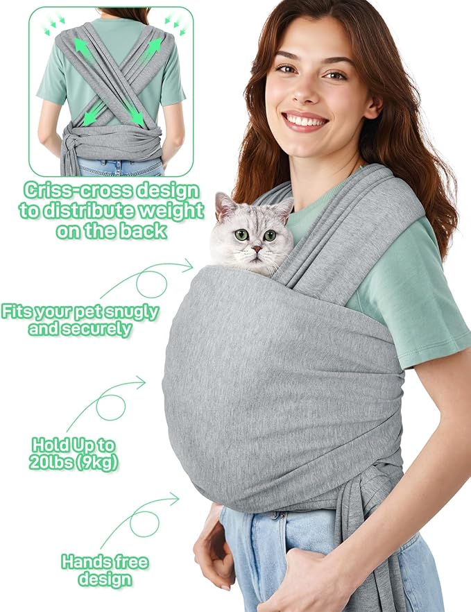 Dog Sling Swaddle Carrier for Small Dog, Cat Front Carriers for Small Pet up to 20lbs, Puppy Pouch with Adjustable Straps, Hands Free Pet Sling, Anti Anxiety Puppy Sling (Light Grey)