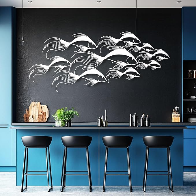 School of Fish Metal Wall Art, Metal Fish Wall Decor, Sea Life Wall Art, Large Nautical Wall Hanging, Modern Beach House Wall Decor, Ocean Themed Artwork for Bathroom (Black, 30"x12" | 76x32cm)