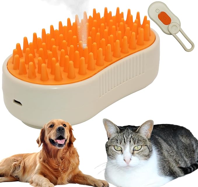 Cat Steam Brush, Helps Reduce Cat Hair, Easy Cleaning Top, Steam Brush with Silicone Massage Bristles for Cats or Dogs, Best for Long-haired Cats or Dogs (Beige)