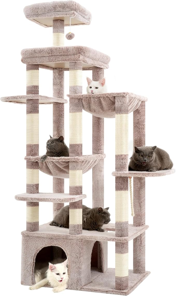 Heybly Heavy Duty Cat Tree, 71-Inch Tall Tower for Large Maine Coon with Extra-Large Baseboard, Cat Condo Furniture with Multi-Level Platforms, 2 Hammocks and 12 Scratching Posts, Muchroom HCT037MU