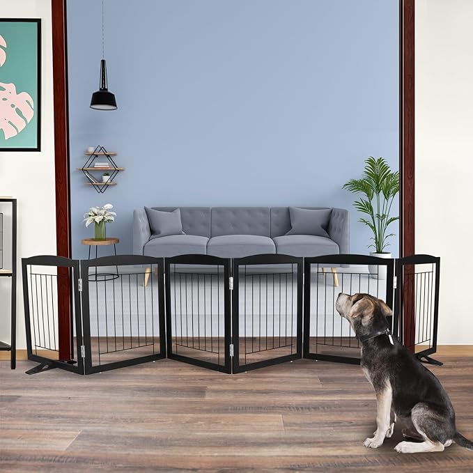 ZJSF Freestanding Dog Fence Indoor, Foldable Dog Gate for Doorways, Stairs or Hallways, Sturdy Wood Extra Wide Pet Gate with Support Feet for The House, Black, 24 "Height-6 Panels