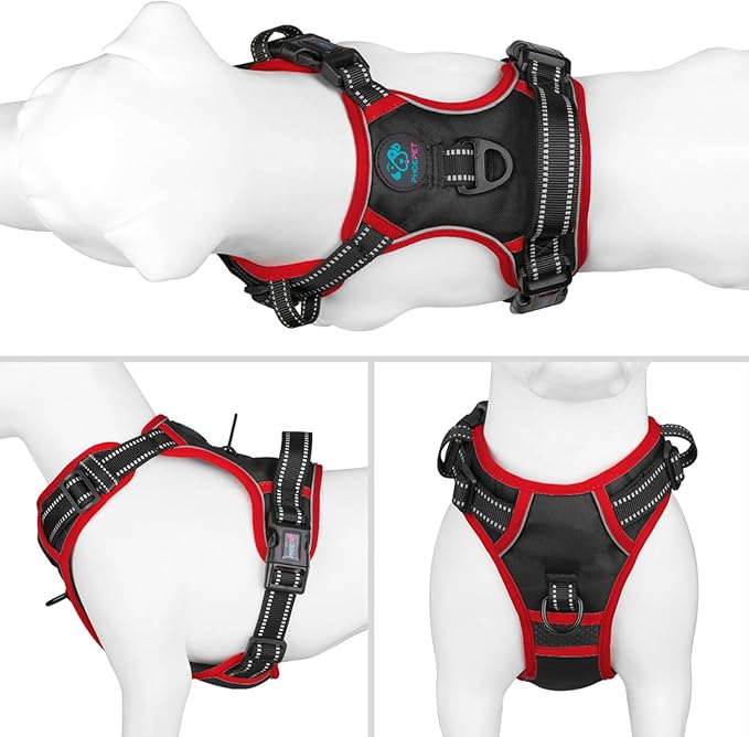PHOEPET 2019 Upgraded No Pull Dog Harness, Reflective Adjustable Vest, with a Training Handle + 2 Metal Leash Hooks+ 3 Snap Buckles +4 Slide Buckles(L, Black)