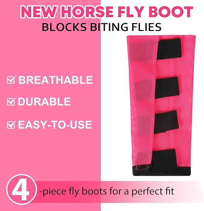 Premium 4-Pack Horse Fly Boots & Leggings Loose-Fit Fine Mesh with Stay-On Fasteners, Support Strips & Anti-Stomp Design Breathable Non-Slip Protection Leg Wrap (Large) Rose Pink