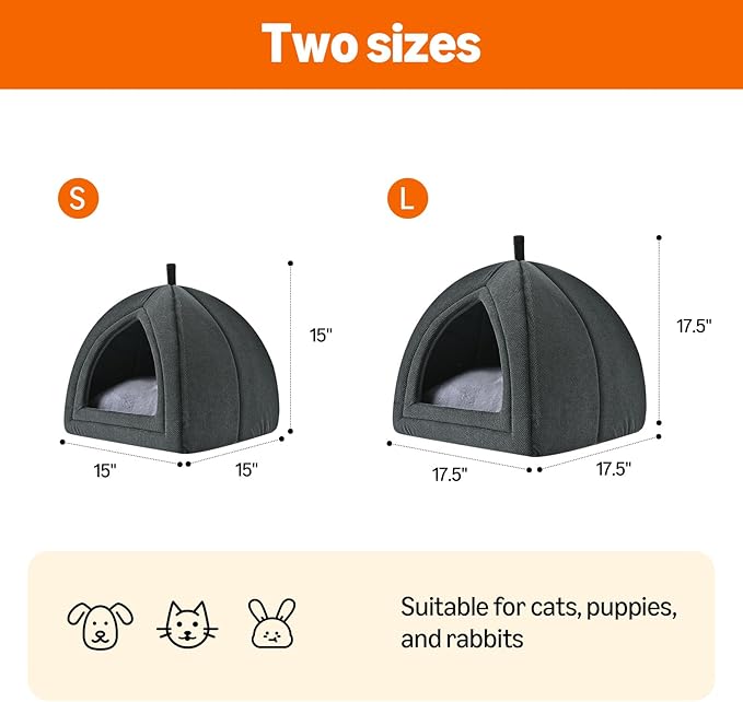 Amazon Basics Cat Cave Bed, 2-in-1 Foldable House for Indoor Cats, with Washable Cushion and Non-Slip Base, 15 x 15 Inches, Small