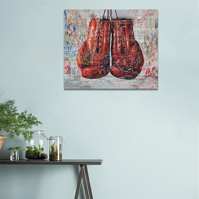 Quorin Banksy Graffiti Boxing Wall Art Red Boxing Gloves Pictures Gym Sport Wall Decor Canvas Print Painting Artwork for Gym Living Room Bedroom 20"x24"