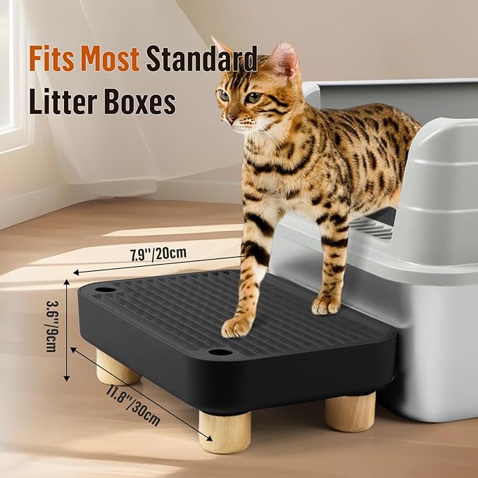 Cat Litter Box Step Ramp, Cat Litter Catcher Mat with Wooden Feet, Filter Function, Cat Pedal Stool for Self-Cleaning Cat Litter Box, Ideal for Kitten & Elderly Cats (Black)