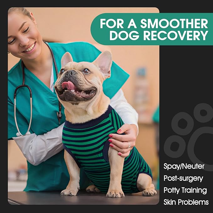 FUAMEY Recovery Suit for Dogs After Surgery,Soft Breathable Dog Bodysuit E-Collar & Cone Alternative Surgical Suit,Male Female Dog Neuter Spay Suits Anti Licking Wounds Onesie Green Black Stripes XS