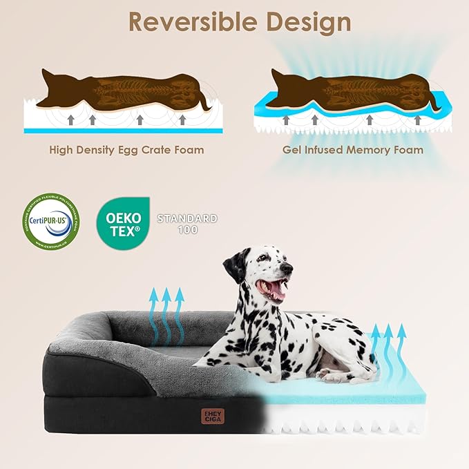 EHEYCIGA Memory Foam Dog Bed for Medium Size, Orthopedic Dog Sofa with Sides and Waterproof Liner, Washable Bolster Pet Couch with Removable Cover, 35x22x6.5 Inch, Grey/Black