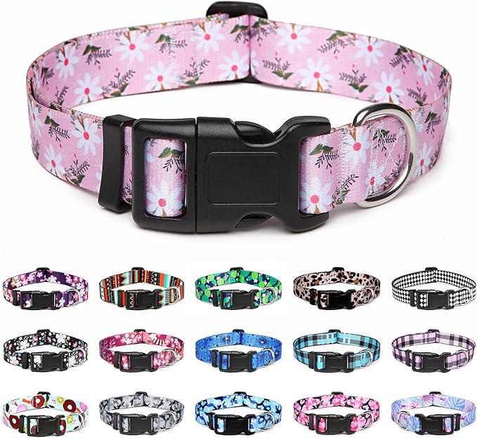 Mercano Adjustable Dog Collar - Special Design Patterns, Soft Nylon Comfortable Durable Pet Collar for Small Medium Large Dogs (S, Pink White Flower)