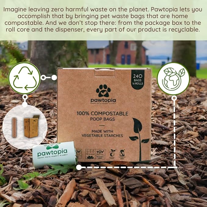 Pawtria Certified Home Compostable Dog Poop Bags (240) + Kraft Paper Dispenser, Biodegradable Poop Bags, Cat Litter, Vegetable Starches, Leak proof Dog Waste Bags, Easy to Open
