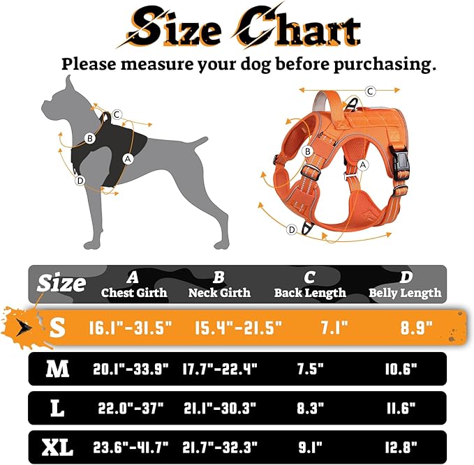rabbitgoo Dog Harness Small Sized No Pull, Tactical Service Pet Vest with Molle and Control Handle, Adjustable and Reflective Military Harness for Easy Walking and Training, Orange, S