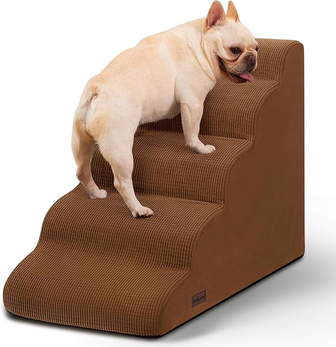 5-Step Dog Stairs and Ramp for High Bed,Non-Slip Sturdy Pet Steps for Small Dogs and Cats,22.2" H,Brown