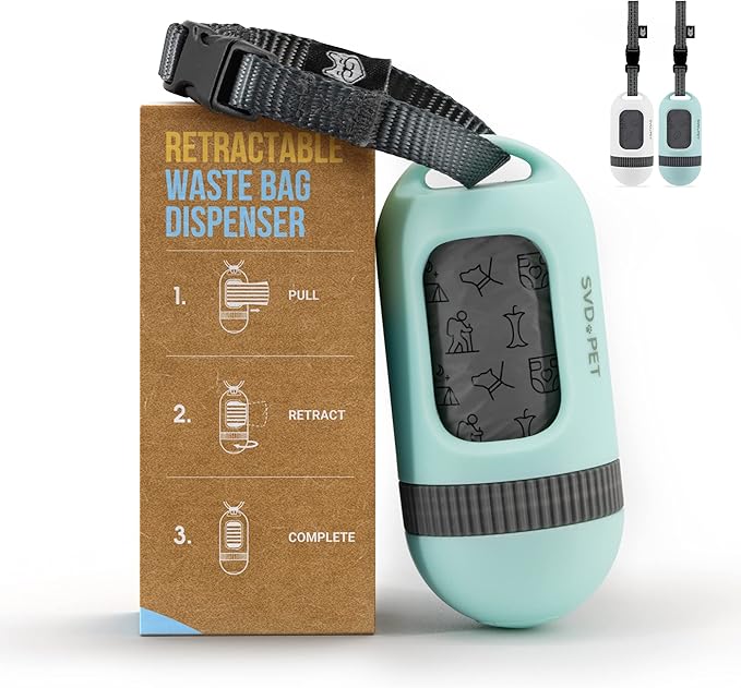 SVD.PET Dog Poop Bag Dispenser, Retractable Waste Bag Fits Any Dog Leash, Leak-proof Waste Bags, Poop Bag Holder, Doggy Walking Accessory (Misty Jade)