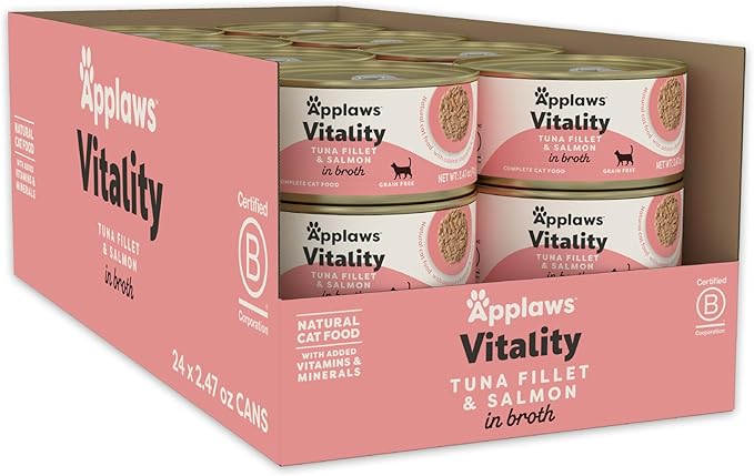 Applaws Vitality Wet Cat Food in Broth, Natural Canned Cat Food, Wet Food for Cats with Added Vitamins and Minerals, Grain and Carrageenan Free, Tuna Fillet & Salmon in Broth (24 Count, 2.47 oz Cans)