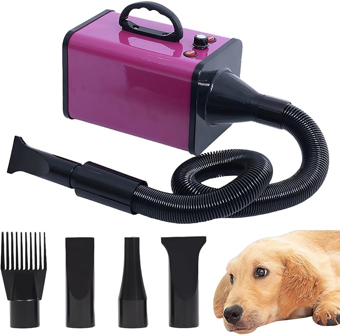 2400w 75m/s Dog Dryer for Pet Grooming, High Velocity Pet Hair Dryer with Heater, Adjustable Speed, 4 Nozzles and a Comb, Purple