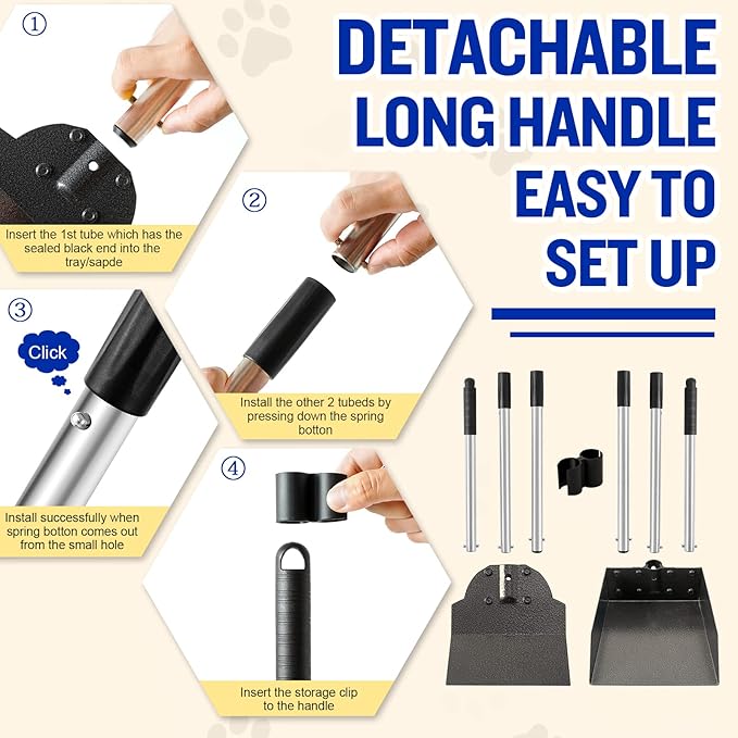 Dog Pooper Scooper,Tray and Spade Set Poop Scooper for Dogs, Adjustable Long Handle Metal Pooper Scooper with Bin for Pet Waste Removal, No Bending Clean Up for Medium and Large Dogs
