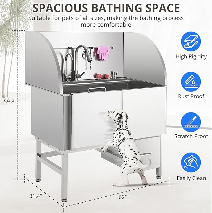 Professional Dog Grooming Tub, 62" Stainless Steel Dog Wash Station with Foldable Ramp, Storage Drawer, Floor Grate & Faucet/Dog Bathtub for Large, Medium & Small Pets - Left Door (62")