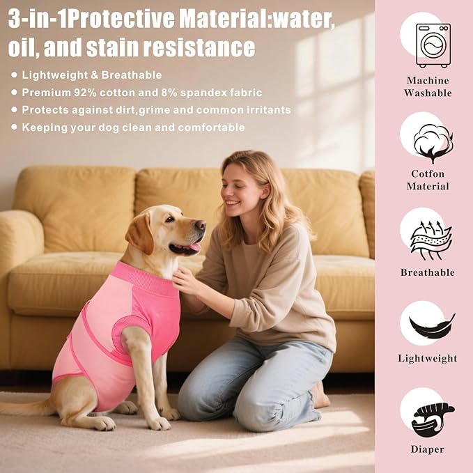 Idepet Dog Recovery Suit Female,Dogs Onesie Suit Surgery Male Breathable Pet Bodysuit for Spay Neuter E-Collar & Cone Alternative Surgical Suit Puppy Abdominal Anti Licking Wounds Shirt (Pink, M)