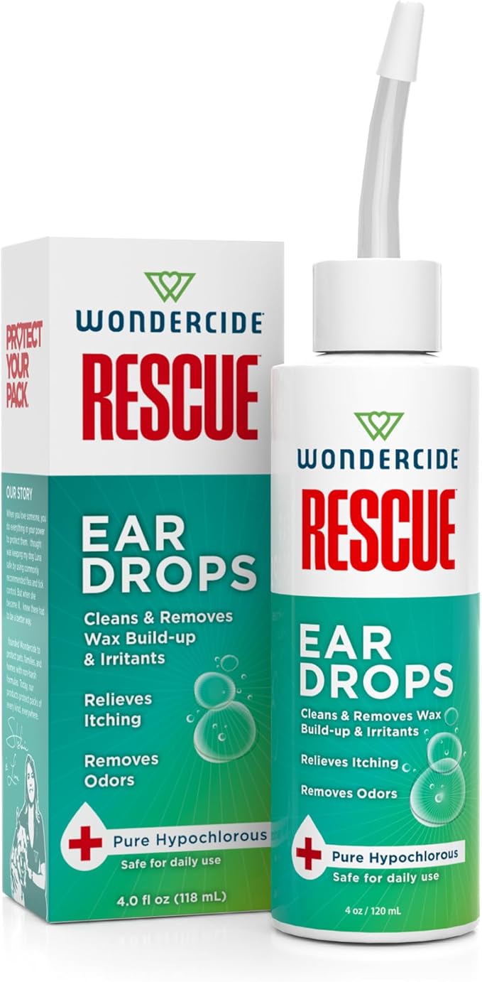 Wondercide Rescue - Ear Drops for Pets - Cleans and Removes Wax Build-Up and Irritants for Dogs and Cats - Relieves Itching and Redness with Pure Hypochlorous - 4 oz