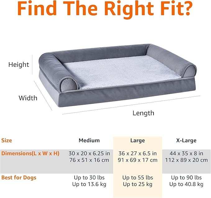 Amazon Basics Living Room Couch Dog Bed with Premium Foam, Pressure-Relief Support for Dogs up to 55lbs, Machine Washable Cover, Large Sized (36" x 27"), Grey