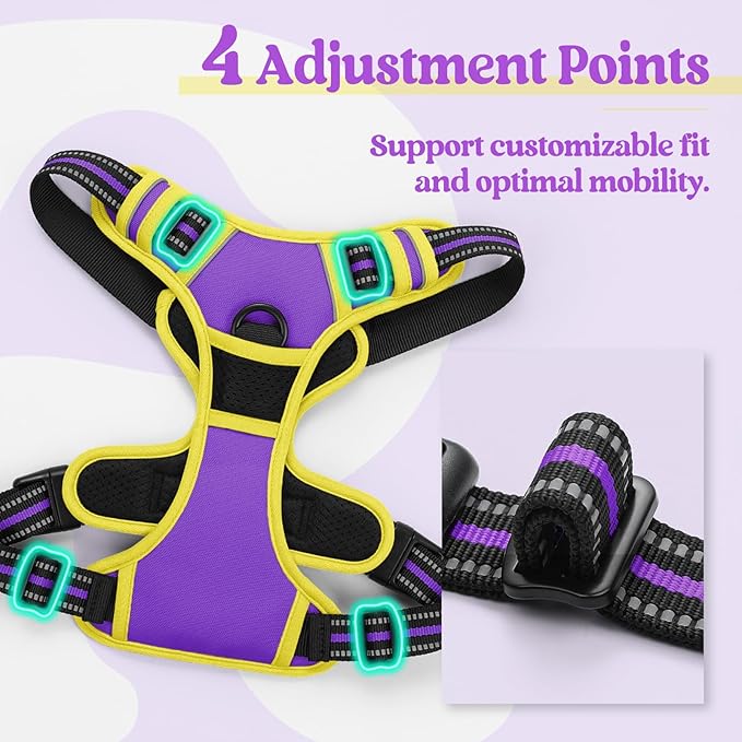 rabbitgoo Dog Harness No Pull with 2 Leash Clips, Adjustable Soft Padded, Reflective Oxford No Choke Pet Vest with Easy Control Handle for Large Dogs, Purple & Yellow, L