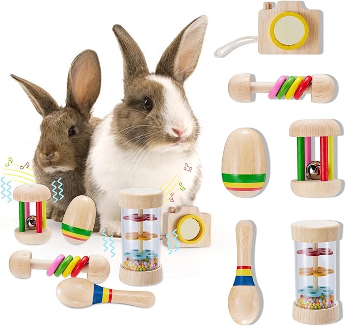 6 Pcs Wooden Bunny Toys - Safe Rabbit & Guinea Pigs Teeth Grinding Toys for Chinchillas, Hamsters & Small Animals - Indoor & Outdoor