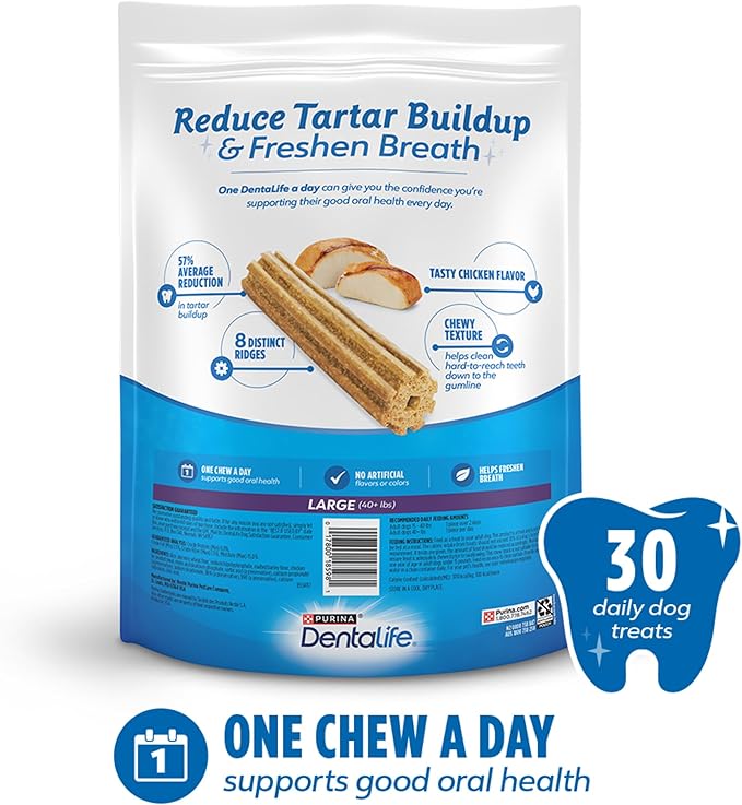 DentaLife Daily Oral Care Dog Treats for Large Dogs 40 plus lbs., Chewy Dental Treat to Freshen Breath and Fight Tartar, Chicken Flavor, 36 oz., 30 Chews - 30 ct. Pouch
