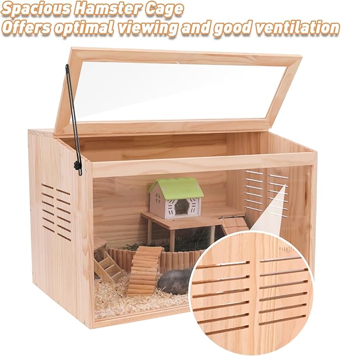 Wooden Hamster Cage,24" Lx16 Wx16 H,Animal Cabinet for Dwarf Syrian Hamsters Degus, Hamster Habitat with Openable Top and Large Acrylic Sheets.