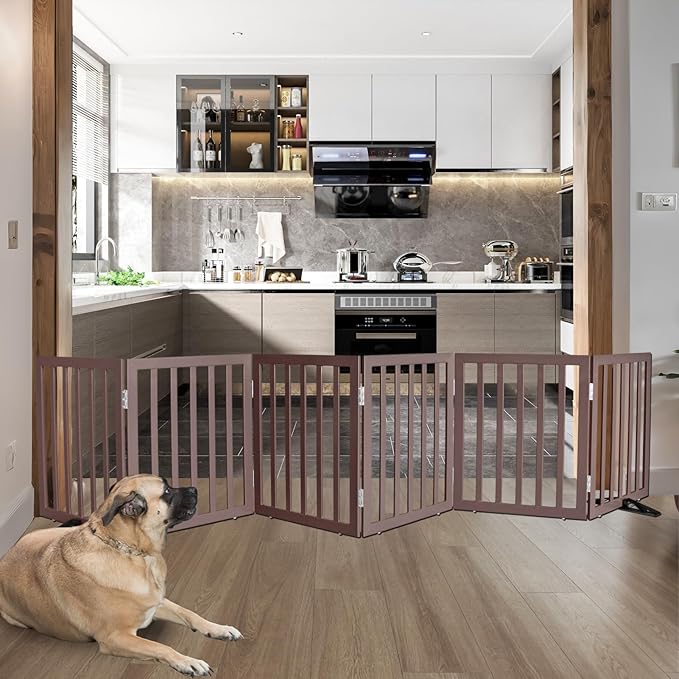 ZJSF Freestanding Indoor Dog Gate for House Foldable Wood Puppy Gate for Doorways Pet Gate for Stairs Extra Wide Pet Fence, Brown, 24" Height 6 Panels