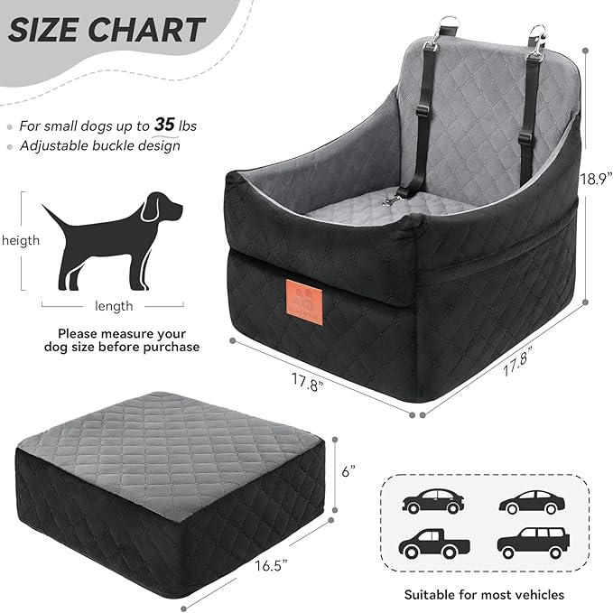 Dog Car Seat for Small/Medium Dogs, Dog Booster Car Seats with Thick Cushion for Dogs Under 35lbs, Detachable Washable Pet Car Seat with Storage Pockets, 2 Safety Belts(Black/Grey)