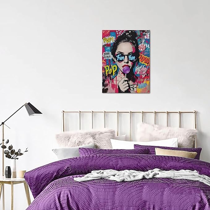 Fashion Women Wall Art Glam Modern Artwork for Girls Banksy Street Graffiti Pop Art Canvas Pictures Painting Print Framed Decorations Gifts for Bedroom Living Room Office 12"x16"