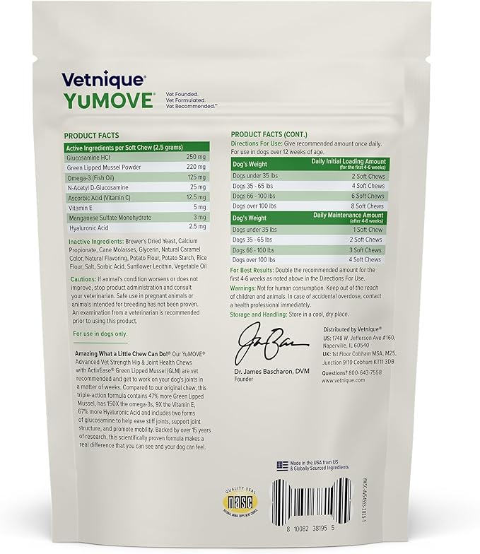 YuMOVE Hip & Joint Supplement for Dogs with Glucosamine, Hyaluronic Acid, Green Lipped Mussel & Omega 3 Joint Supplement - Regular or Advanced Strength (45ct, Advanced Vet Strength Soft Chews)