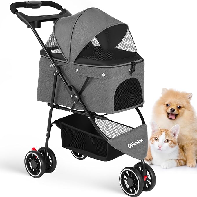Pet Stroller,Dog Stroller for Small Medium Dogs Cats,3 Wheels,Foldable,with Breathable Mesh Canopy,Cup Holders,Easy Assembly,Grey