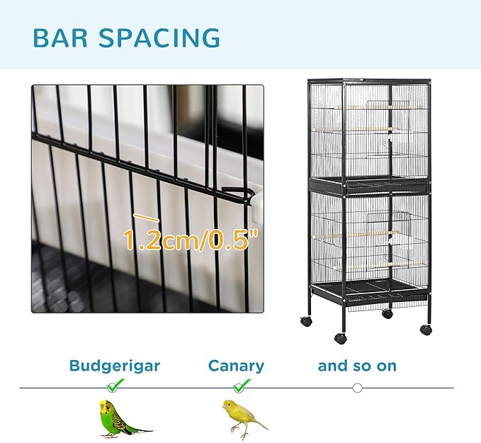 PawHut Large Bird Cage with 1.7 ft. Width for Wingspan, Bird Aviary Indoor with Multi - Door Design, Fit for a Canary, Finch, Conure, 55", Black