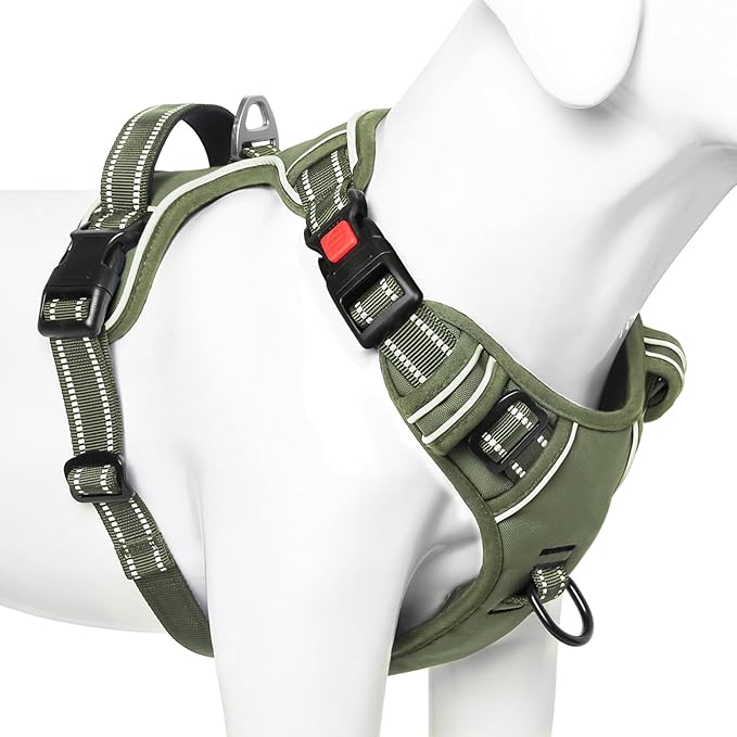 Timos Dog Harness Medium Sized, No Pull Pet Harness with Neck Lockable Snap,No Choke Front Clip Dog Reflective Vest,Adjustable Metal Rings 3 Buckles,Easy Control Handle for Medium Dogs Green M